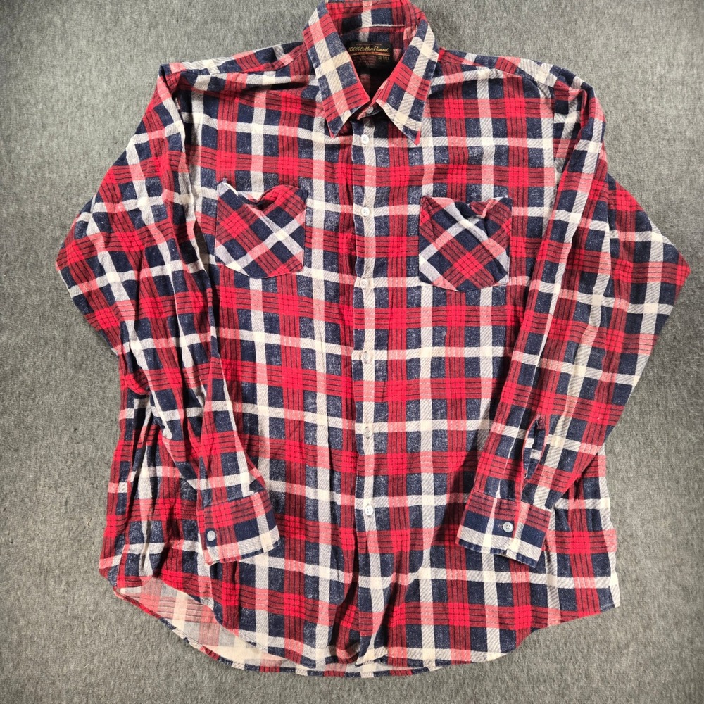 Vintage 70s Montgomery Ward Flannel Shirt Men XL Tall Red Blue Plaid Long Sleeve